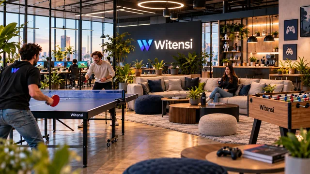 Illustration of the Witensi creative lounge: a table-tennis table, sofas, a table football and the Witensi logo on the wall