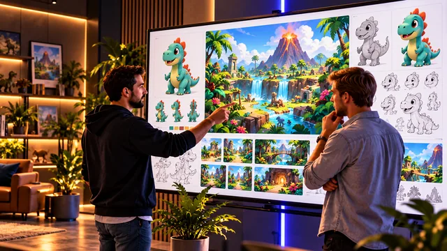 Illustration of the Witensi creative studio: two people in front of a large screen showing game concepts, dinosaurs and a tropical island