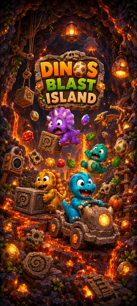 Title screen: the Dinos Blast Island logo above dinosaurs riding a stone kart through a lava cave
