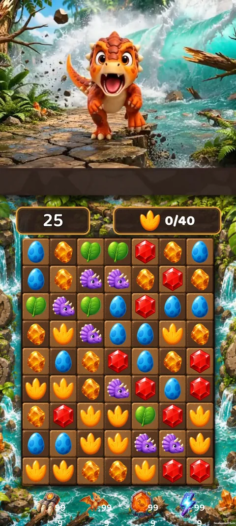 Adventure mode: an orange dinosaur above a puzzle board of coloured gems and dino footprints