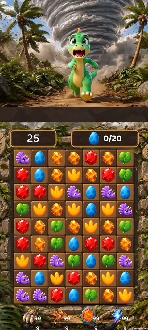 Rescue mode: a green dinosaur running from a tornado, above a puzzle board with a 0/20 objective