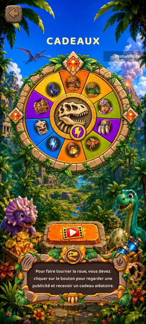 Gift wheel: a wheel of prizes with a dinosaur skull at its centre, surrounded by jungle
