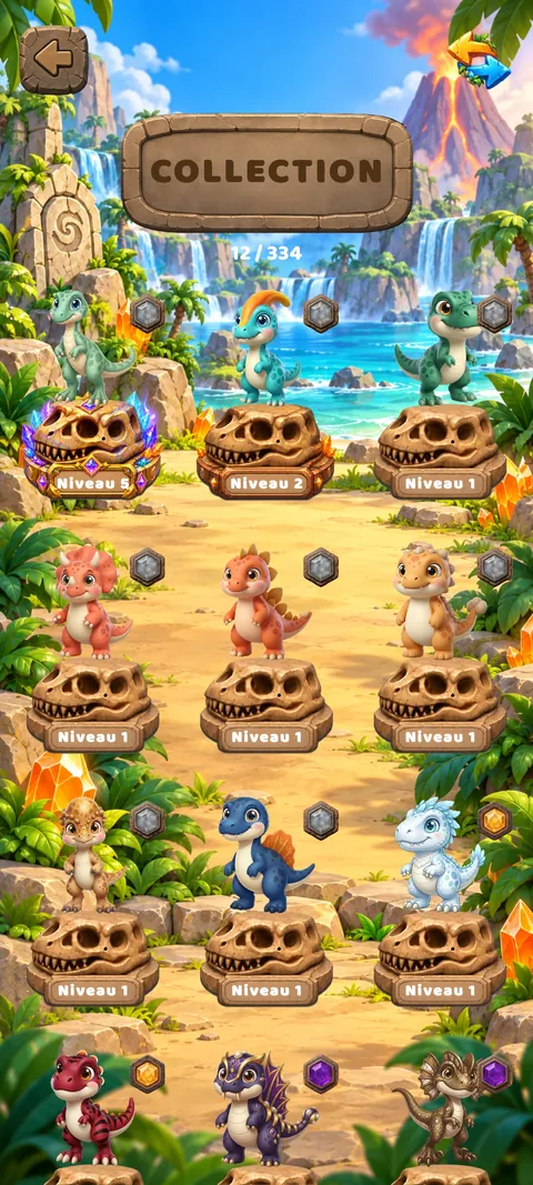 Collection screen: a wall of baby dinosaurs on skull pedestals with their level, showing 12 of 334 collected