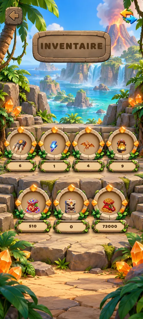 Inventory screen: stone frames holding boosters, an egg, a chest, gems and coins with their quantities